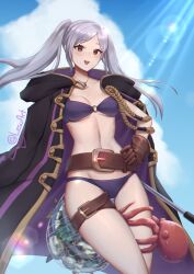 1girls :d absurdres alternate_costume belt bikini blue_sky blush breasts brown_eyes brown_gloves cloud coat collarbone cowboy_shot female female_only fire_emblem fire_emblem_awakening fire_emblem_heroes fish gloves grey_hair highres leg_belt lesu linea_alba long_hair long_sleeves looking_at_viewer medium_breasts navel net nintendo o-ring o-ring_bikini octopus official_alternate_costume open_mouth outdoors purple_bikini purple_swimsuit robin_(female)_(summer)_(fire_emblem) robin_(fire_emblem) robin_(fire_emblem)_(female) sky smile solo sunlight swimsuit thigh_gap thigh_strap twintails twitter_username