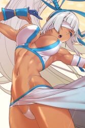 1girls cowboy_shot eyepatch full_cleavage gloves high_ponytail highleg highleg_panties majikina_mina nipple_bulge one_eye_obstructed pelvic_curtain pelvic_curtain_aside revealing_clothes samurai_shodown snk solo_female tan_body tanned_female thong tomoyuki_kotani toned_female very_long_hair white_hair