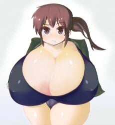 breasts brown_eyes brown_hair business_suit cleavage gigantic_breasts original oukadan panties ponytail puffy_nipples standing thick_thighs thighs underwear undressing