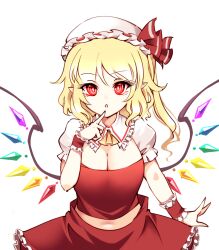 adapted_costume ascot blonde_hair breasts cleavage crystal female flandre_scarlet frilled_shirt_collar frills hat large_breasts looking_at_viewer mob_cap open_mouth pointy_ears puffy_short_sleeves puffy_sleeves raptor7 red_eyes red_skirt short_sleeves simple_background skirt skirt_set solo touhou vest white_background wings wrist_cuffs