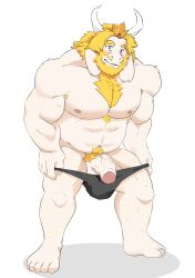 anthro asgore_dreemurr beard belly black_clothing black_underwear blush boss_monster bovid bovine bulge caprine cattle chest_tuft clothing cywolf49 deltarune facial_hair gay goat hair hi_res horn looking_at_viewer male male/male male_only mammal muscular muscular_anthro muscular_male nipples pecs solo tuft undertale undertale_(series) underwear underwear_only white_background white_fur