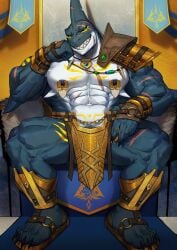 2022 4_toes 5_fingers abs anthro arm_scar armor banner biceps black_sclera blue_body blue_carpet blue_nipples blue_scales breechcloth chair chest_markings chest_scar claws clothing dylan_(alvintanubis) facial_scar finger_claws fish footwear furniture gold_(metal) gold_armor green_eyes grin hi_res jewelry leg_markings leg_scar li_geduld male male_only marine markings muscular muscular_anthro muscular_male muscular_thighs navel necklace nipple_piercing nipples obliques pecs piercing sandals scales scar shark shin_guards shoulder_guards smile solo thigh_markings thigh_scar throne throne_room toe_claws white_body white_scales wrist_guards yellow_markings yellow_wall