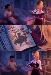 1boy 1girls ass big_ass blonde_hair bodysuit book broly_culo canonical_scene clothing dark_skin drawing edit english_text female gwen_art_check gwen_stacy human large_ass llamaboy male marvel meme miles_morales pawg sketchbook spider-gwen spider-man:_across_the_spider-verse spider-man_(series) squatting surprised surprised_expression thicc_omni-man