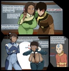 2boys 3girls aang air_nomad airbender_tattoo alternate_breast_size avatar_legends avatar_the_last_airbender big_breasts blue_eyes brown_hair cuckold dark-skinned_female dark_skin dialogue english_text erect_nipples_under_clothes female fire_nation firebender katara korra male multiple_boys multiple_girls nickelodeon original_character self_upload skimpy sock_vivian story text the_avatar the_legend_of_korra tight_clothing water_tribe zuko