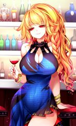 absurdres alcohol alternate_costume blonde_hair bottle braid breasts cleavage cleavage_cutout clothing_cutout collarbone covered_navel cup drinking_glass female glass_bottle hand_on_table highres junko_(touhou) large_breasts leaning_back long_hair looking_at_viewer orange_hair pointy_ears raptor7 red_eyes single_braid sitting solo table thighs touhou touhou_lost_word whiskey wine wine_glass