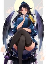 absurdres bird_wings black_coat black_hair black_thighhighs black_wings blue_dress blue_headwear breasts closed_mouth coat color dress earrings feathered_wings female frilled_dress frills hat highres iizunamaru_megumu jewelry large_breasts long_hair long_sleeves pixel-perfect_duplicate pointy_ears pom_pom_(clothes) raptor7 red_eyes shoulder_guard sleeveless sleeveless_coat smile solo thighhighs tokin_hat touhou wings