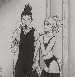 1boy 1boy1girl 1girls annoyed beard before_sex biting_lip bodysuit boruto:_naruto_next_generations bra breasts canon_couple coat couple embarrassed facial_hair garter_straps goatee greyscale husband_and_wife inviting inviting_to_sex lingerie long_hair looking_at_another looking_at_each_other looking_at_partner male/female monochrome nanxdaime nara_shikamaru naruto naruto_(series) naughty_face necklace panties stockings straight sweat teasing temari underwear undressing undressing_partner