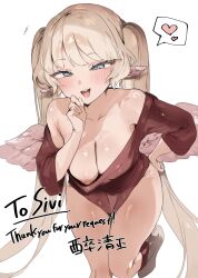 1girls areola artist_signature big_breasts bird_girl blonde_hair blue_eyes blush breasts commission eyebrows_visible_through_hair female female_only indie_virtual_youtuber inviting kiyomasa_(dangan) light-skinned_female light_skin looking_at_viewer nipple nipple_slip open_mouth shirt sivi_(vtuber) solo spoken_heart teasing teasing_viewer virtual_youtuber wings