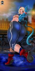 1girls arms_behind_head artist_logo ass bent_leg big_ass blonde_hair blue_eyes cammy_white capcom detailed_background female female_only looking_at_viewer nipple_bulge rain scar scar_on_cheek scar_on_face shadman_(style) sirbanshee solo standing_on_one_leg street_fighter street_fighter_6 thick_ass thick_thighs underboob