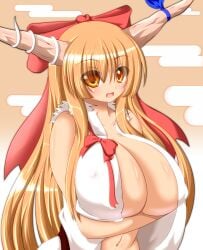 alternate_breast_size breasts female female_focus horns huge_breasts ibuki_suika long_hair orange_hair ribbon solo suika_ibuki syroh touhou