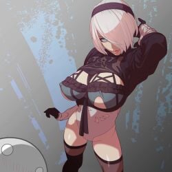 1girls clothed clothed_female clothing female gloves hairband highleg_leotard light-skinned_female light_skin looking_at_viewer nier nier:_automata nipple_bulge one_eye_obstructed solo_focus thighhighs tomoyuki_kotani white_hair yorha_2b