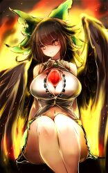 bird_wings black_wings bow breasts brown_hair cleavage collared_shirt dress_shirt feet_out_of_frame female fiery_background fire frilled_skirt frills green_bow green_skirt hairbow highres large_breasts legs_together long_hair looking_at_viewer midriff_peek navel raptor7 red_eyes reiuji_utsuho shirt sidelocks sitting skirt sleeveless sleeveless_shirt smile solo thighs third_eye touhou utsuho_reiuji white_shirt wings