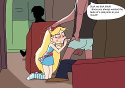 blowjob both_hands_on_cock clothed fellatio female hand_on_head head_grab kneeling kneeling_oral_position motion_lines netorare on_knees oral oral_sex sex speech_bubble star_butterfly star_vs_the_forces_of_evil stealth_sex straight sunnie