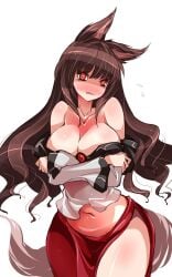 animal_ears bare_shoulders blush breast_hold breasts brooch brown_hair cleavage collarbone cowboy_shot crossed_arms eyelashes female flying_sweatdrops highres imaizumi_kagerou jewelry kagerou_imaizumi large_breasts long_hair long_sleeves looking_at_viewer midriff navel off_shoulder one-hour_drawing_challenge raptor7 red_skirt shirt simple_background skirt solo tail touhou wavy_hair white_background white_shirt wide_sleeves wolf_ears wolf_tail