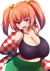 1girls alternate_breast_size bell breasts breasts_bigger_than_head checkered_clothes checkered_shirt cleavage cute_fang fang female hair_bell hair_ornament highres huge_breasts kosuzu_motoori large_breasts open_mouth red_eyes red_hair shirt short_hair skin_fang smile solo touhou twintails two_side_up xialu_zajin