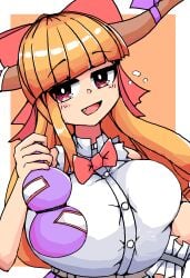 breasts drunk drunk_bubble horns huge_breasts looking_at_viewer oerba_yun_fang suika_ibuki sukoburukurage tagme touhou