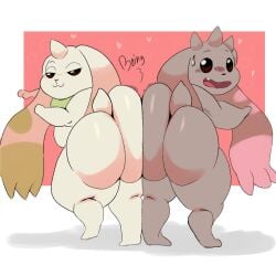 1boy1girl anthrofied ass_to_ass big_butt butt_bump butt_squish digimon digimon_(species) embarrassed floppy_ears huge_ass long_ears looking_back lopmon nsfwcrunchybun onomatopoeia simple_background smug sweatdrop terriermon thick_thighs two_tone_body