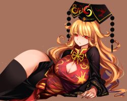 black_dress black_thighhighs blonde_hair breasts brown_background chinese_clothes cleavage cleavage_cutout clothing_cutout dress elbow_rest feet_out_of_frame female highres junko_(touhou) large_breasts long_hair long_sleeves looking_at_viewer lying mature_female no_panties on_side one-hour_drawing_challenge pointy_ears pom_pom_(clothes) raptor7 red_eyes red_tabard side_slit sidelocks simple_background sketch solo tabard thighhighs touhou wide_sleeves