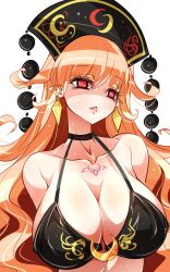 arms_behind_back bikini bikini_top_only black_bikini blonde_hair breasts cleavage collarbone crescent earrings eyelashes female hat highres jewelry junko_(touhou) large_breasts long_hair open_mouth pointy_ears raptor7 red_eyes simple_background solo swimsuit tattoo touhou triangle_mouth upper_body very_long_hair white_background