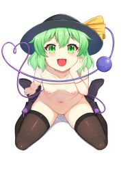 akasaka_sato boots breasts commentary_request female from_above full_body green_eyes green_hair hand_on_own_cheek hand_on_own_face hand_up hat heart heart_of_string highres koishi_komeiji komeiji_koishi light_blush looking_at_viewer medium_hair nipples nude oral_invitation pussy_juice simple_background sitting small_breasts solo thighhighs third_eye tongue tongue_out touhou wariza white_background