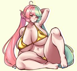 1girls ahoge arm_behind_head bent_leg bikini blue_nail_polish blue_toenail_polish female female_only gold_bikini green_hair hi_res huge_breasts jojoniumart light-skinned_female light_skin long_hair looking_at_viewer mochi_(jojoniumart) pink_hair pointy_ears red_eyes solo thick_thighs two_tone_hair very_long_hair yellow_background