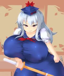 huge_breasts keine_kamishirasawa nipples_visible_through_clothing oukadan sharp_teeth touhou wooden_sword