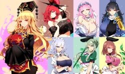 6+girls apron bare_shoulders blonde_hair blue_eyes braid breast_hold breasts cleavage dress green_eyes hat headdress hecatia_lapislazuli highres iizunamaru_megumu izayoi_sakuya jewelry junko_(touhou) large_breasts long_hair maid_headdress multiple_girls nishida_satono one_eye_closed pink_hair pointy_ears raptor7 red_eyes red_hair saigyouji_yuyuko sakuya_izayoi short_hair tabard teireida_mai touhou waist_apron white_apron yuyuko_saigyouji