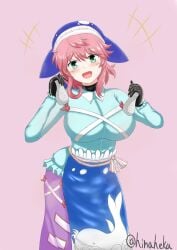 1girls blush bodysuit clothed_female happy hat hinaheka holding_object latex_suit light-skinned_female okunoda_miyoi pink_hair teal_eyes touhou watermark