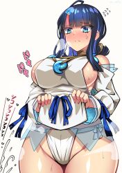 ahoge bare_shoulders black_hair blue_eyes blue_ribbon blunt_bangs blush breasts clothes_lift collarbone cum dress ejaculation fate/grand_order fate/requiem fate_(series) female flying_sweatdrops fundoshi highres japanese_clothes jewelry large_breasts long_sleeves looking_at_viewer magatama magatama_hair_ornament magatama_necklace medium_hair multicolored_hair necklace pelvic_curtain pink_hair puffy_long_sleeves puffy_sleeves ribbon seigaiha sekai_saisoku_no_panda short_dress sideboob sideless_outfit sidelocks solo streaked_hair sweat utsumi_erice white_dress