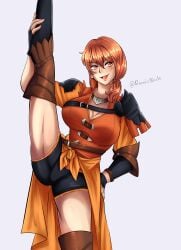 1girls cleavage clothed cute_fang female female_only fire_emblem fire_emblem:_three_houses large_breasts leonie_pinelli medium_hair nintendo orange_eyes orange_hair renaisblade shorts side_ponytail smile solo splits standing_split toned_legs vertical_splits