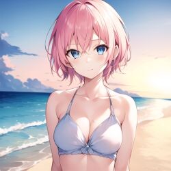 1girls ai_generated beach bikini blue_eyes breasts character_request cleavage female female_focus female_only golden_hour high_resolution pink_hair smile solo solo_female water white_bikini