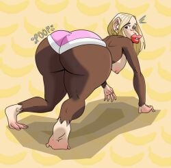 1girls all_fours anthro ass_expansion banana bimbo bimbo_lips blonde_hair breast_expansion haplorhine hhhyyyiii huge_ass huge_lips lip_expansion looking_back monkey monkey_feet monkey_girl prehensile_feet primate species_transformation tagme thick_lips transformation