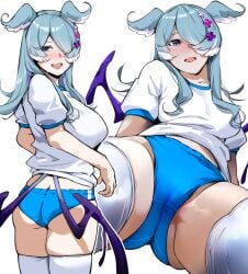 ass bakkanki blue_buruma blue_eyes blue_hair blush breasts buruma cameltoe elira_pendora female gym_shirt gym_uniform hair_over_one_eye head_wings large_breasts light_blue_hair long_hair looking_at_viewer multicolored_hair multiple_views nijisanji nijisanji_en nose_blush one_eye_covered open_mouth puffy_short_sleeves puffy_sleeves shirt short_sleeves simple_background skindentation spread_legs sweat thighhighs thighs virtual_youtuber white_background white_hair white_thighhighs wings