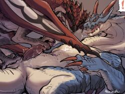 capcom claws dragon duo exclamation_point feral flying_wyvern foot_fetish foot_on_penis foot_play genitals horn lagiacrus lan_rizardon larger_male leviathan_(mh) lying male male/male monster_hunter nude on_back open_mouth penis penis_grab rath_wyvern rathalos size_difference smaller_dom smaller_male standing_over wings wyvern