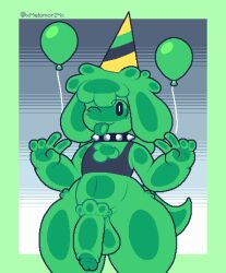 anthro ass balloon balls big_butt big_penis birthday_hat black_clothing black_crop_top black_eyes black_topwear bottomless clothed clothing collar crop_top digital_media_(artwork) fictium_(big_fictium) flaccid front_view genitals gesture goo_creature goo_hair green_body green_ears hat headgear headwear hi_res humanoid_genitalia humanoid_penis inflatable male navel one_eye_closed partially_clothed party_hat penis pixel_(artwork) pose pseudo_hair shirt slime slime_boy slimeboy solo solo_male spiked_collar spikes standing tail thick_thighs tongue tongue_out topwear v_sign xmelomor24x