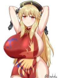 1girls accessory blonde_hair hands_behind_head hat hinaheka huge_breasts junko_(touhou) long_hair mature_female milf red_eyes sideboob thick_ass touhou watermark white_background