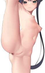 absurdres anus black_eyes black_hair blue_archive breasts censored closed_mouth completely_nude female genryumon_(blue_archive) highres kanon'yuyu kisaki_(blue_archive) long_hair mosaic_censoring navel nipples nude pussy shanhaijing_secondary_school_student simple_background small_breasts solo split standing standing_on_one_leg standing_split vertical_splits very_long_hair white_background young