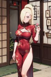 1girls ai_generated asian_clothing bangs big_breasts blonde_hair bloodsuga blue_eyes blushing boruto:_naruto_next_generations breasts china_dress chinese_clothes cleavage closed_mouth clothed clothing covered_navel curvy cute cute_face dress ear_piercing embarrassed eyelashes female female_only flower hair_over_one_eye hair_tie high_ponytail hips holding_object ino_yamanaka legs light-skinned_female light_blush light_skin lips long_hair looking_forward mature mature_female milf nai_diffusion naruto naruto_(series) pale-skinned_female pale_skin ponytail red_dress shy side_slit sole_female solo solo_focus stable_diffusion standing thick_thighs thighs tied_hair underwear visible_underwear voluptuous