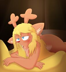 absurd_res after_fellatio after_oral after_sex anthro antlers arms_around_penis bed bedroom_eyes bingbingo_(artist) blonde_hair blue_eyes blush bodily_fluids brown_body brown_fur buckteeth cum cum_on_face deer deltarune dim_lighting doe_with_antlers duo female freckles fur furniture genital_fluids genitals hair hi_res horn human kris_(deltarune) kris_(light_world_form) licking licking_penis long_hair male male/female mammal messy_hair narrowed_eyes navel noelle_holiday open_mouth oral penile penis penis_lick penis_licking red_nose seductive sex signature teeth tongue tongue_out undertale_(series) window yellow_body