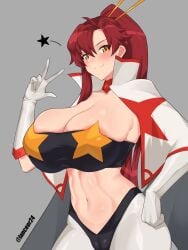 1girls artist_name big_breasts breasts busty cameltoe child_bearing_hips cleavage female female_only hand_on_hip highres huge_breasts lancer24 legs long_hair looking_at_viewer midriff navel pants ponytail pose posing red_hair smile space_yoko strapless tengen_toppa_gurren_lagann thick_thighs thighs toned tube_top v voluptuous yellow_eyes yoko_littner