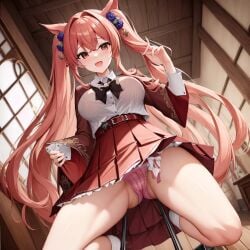 ai_generated anima animal_ears breasts ears_up looking_down orange_eyes panties pink_hair school school_uniform schoolgirl skirt_up spread_legs