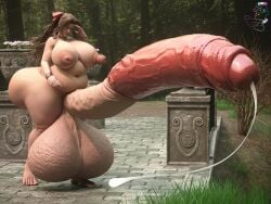 3d 3d_(artwork) aerith_gainsborough bottom_heavy chubby final_fantasy final_fantasy_vii futa_only futanari hyper hyper_ass hyper_balls hyper_penis leaking_cum outside puffy_nipples renrenrew sheathed_humanoid_penis very_long_penis worried_expression