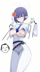 absurdres anger_vein aoi_(blue_archive) belt blue_archive blue_hair blue_necktie breasts copyright_request dongye1551 doodle_sensei_(blue_archive) general_student_council_(blue_archive) gloves high-waist_skirt highres inverted_nipples medium_breasts mole mole_under_eye necktie pointy_ears sensei_(blue_archive) short_hair skirt white_gloves