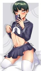 1boy altern015 blush femboy male male_only megami_tensei phone protagonist_(shin_megami_tensei_v) shin_megami_tensei shin_megami_tensei_v shirt_lift skirt stockings thighhighs trap