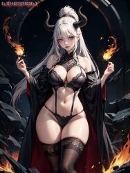 1girls 2023 ai_generated blue_eyes cleavage clothed_female curvaceous curvy_female curvy_figure demon demon_girl female_focus female_only fire horned_female horned_humanoid horns huge_breasts long_hair long_white_hair looking_at_viewer robe solo_focus stable_diffusion white_hair