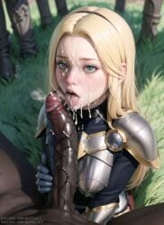 1boy1girl ai_generated armor big_penis blonde_female blonde_hair blue_eyes breastplate cum_in_mouth cum_on_face cum_on_hair dark-skinned_male facial female headband huge_cock interracial knight league_of_legends league_of_legends:_wild_rift light-skinned_female luxanna_crownguard male penis pov puffyart riot_games tongue tongue_out veiny_penis