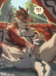 anon anthro capcom censored dragon duo flying_wyvern forced genitals hi_res human lan_rizardon male male_only mammal monster_hunter open_mouth pecs penis rath_wyvern rathalos sitting_up spread_legs spreading wings wirebug wyvern