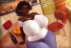 1girls 3d african_female big_ass big_breasts black_hair brown_eyes champagne curvy dark-skinned_female dark_skin donna_tubbs female female_only freckles huge_ass huge_breasts kitchen milf rasmus-the-owl solo stretch_marks the_cleveland_show thick_thighs venus_body wide_hips