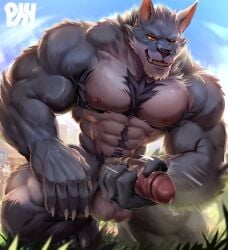 abs anthro armpit_hair asmund_(tavern_of_spear) balls bodily_fluids body_hair canid canine canis chest_hair claws fur genital_fluids genitals hi_res male mammal masturbation muscular muscular_anthro muscular_male nipples pecs penis physen precum sharp_claws solo tavern_of_spear vein veiny_muscles wolf