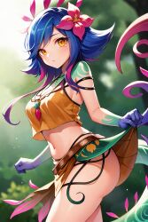 ai_generated bare_shoulders blue_hair breasts clothes_lift crop_top female flower gloves hair_flower hair_ornament jewelry league_of_legends lifted_by_self long_hair looking_at_viewer medium_breasts midriff multicolored_hair navel neeko outdoors pink_flower skirt skirt_hold skirt_lift solo stable_diffusion tattoo thighs vastaya white_flower yellow_eyes